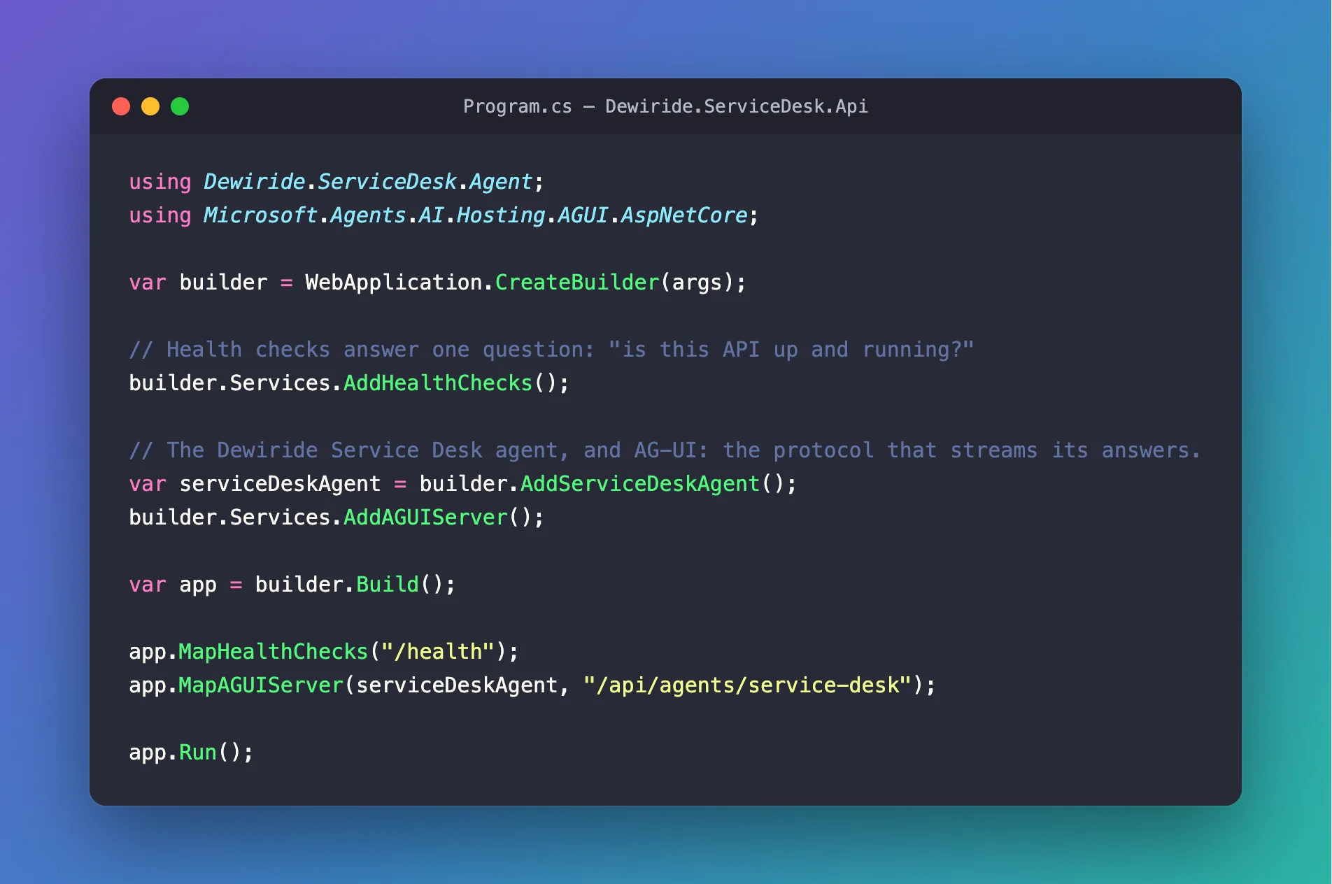 macOS-style code window titled Program.cs showing the finished Dewiride.ServiceDesk.Api Program.cs: AddHealthChecks, AddServiceDeskAgent, AddAGUIServer, MapHealthChecks and MapAGUIServer on the path /api/agents/service-desk